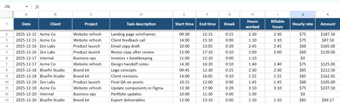 Freelancer billing multiple clients- Excel Time Tracking