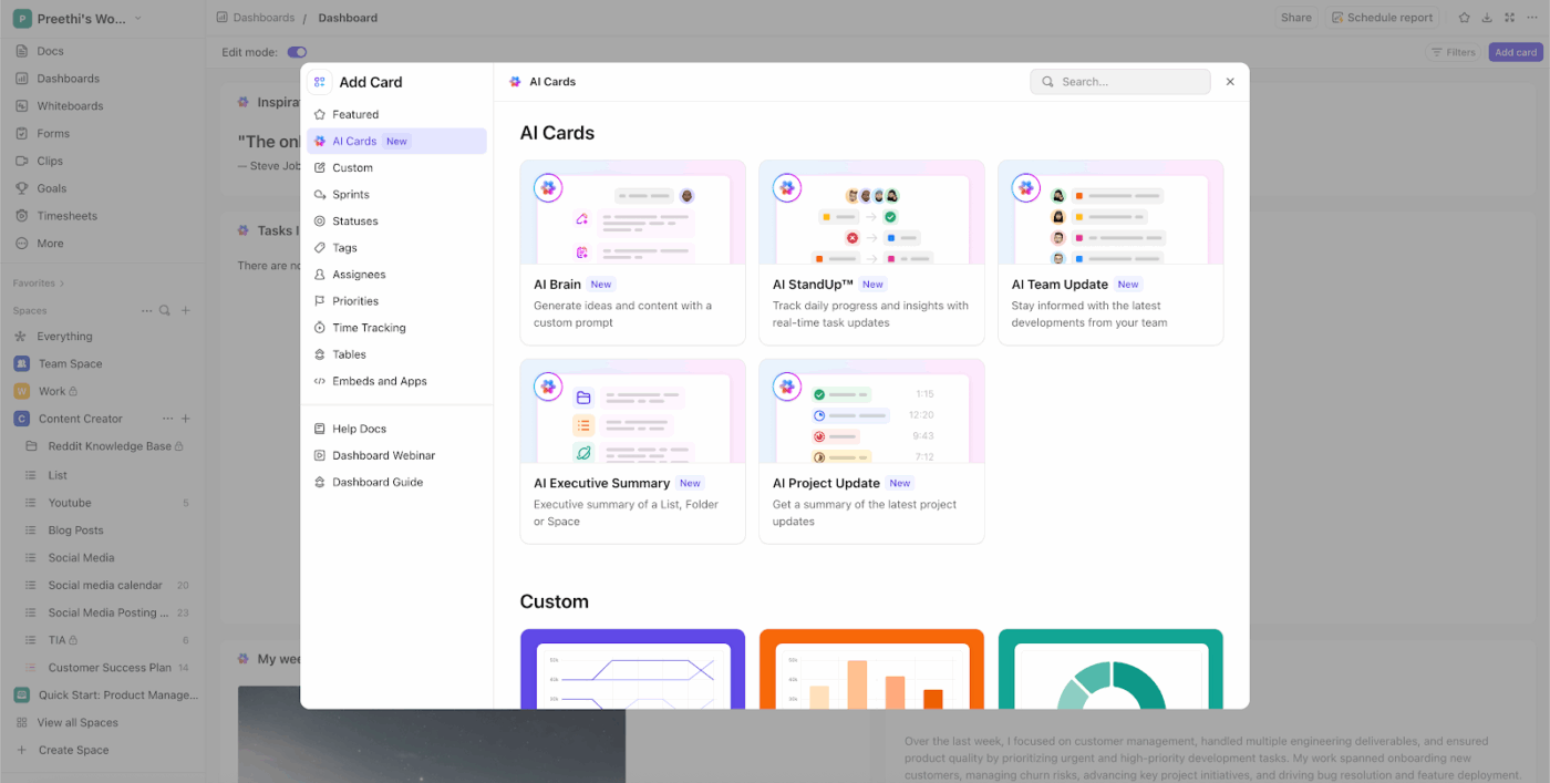 AI Cards in ClickUp Dashboards: Make maintaining productivity and employee morale simple