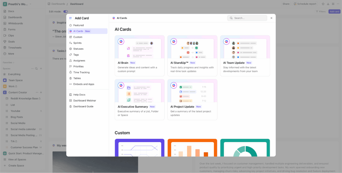 Generate precise summaries and insights from workspace data with ClickUp AI Cards