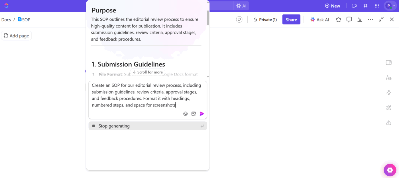 Use ClickUp Brain to generate SOPs within ClickUp Docs: How ClickUp uses AI docs to simplify SOP creation