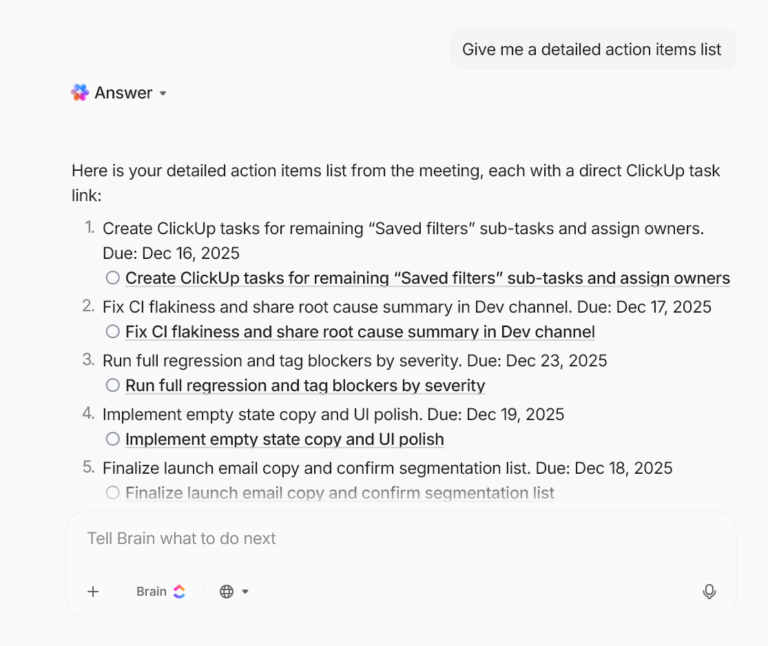 Get a list of action items from your meeting notes doc within seconds with ClickUp Brain