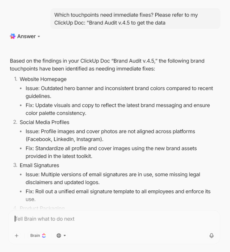 Get insights for Brand Audit with ClickUp Brain