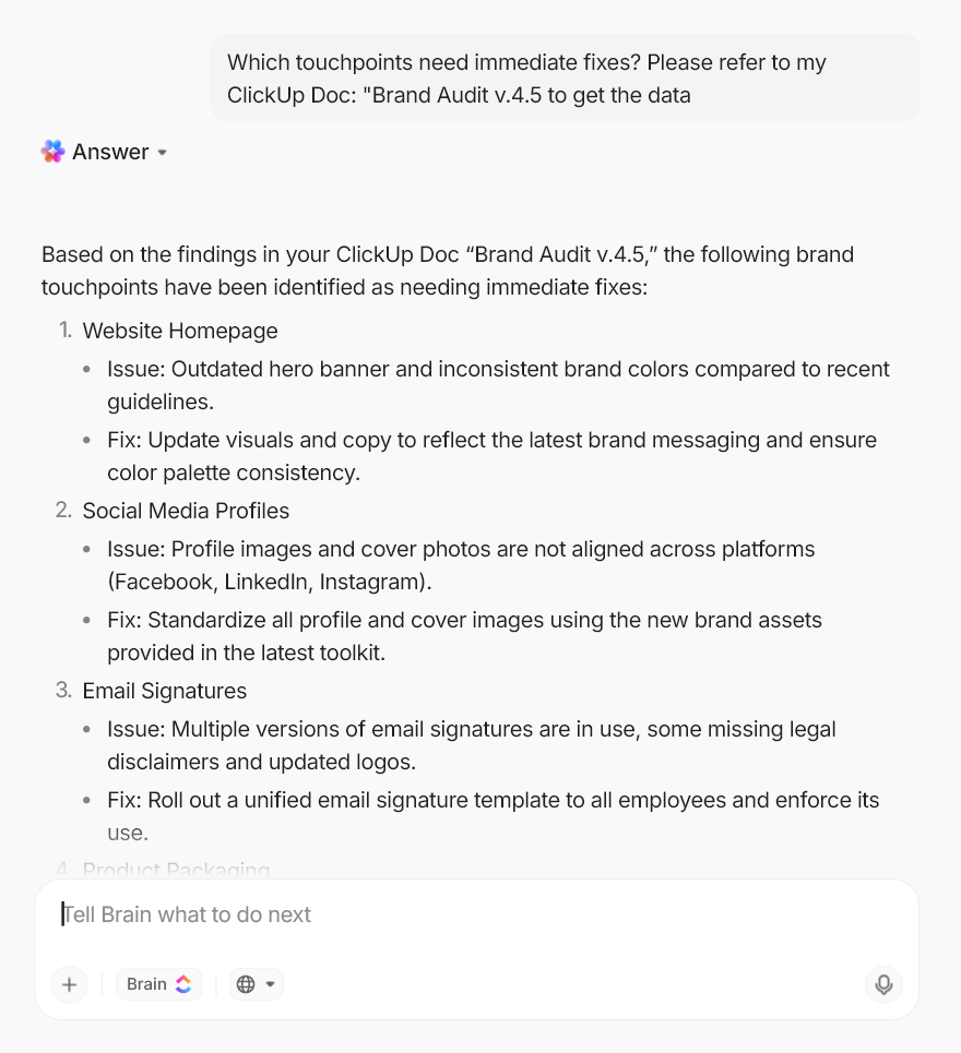 Get insights for Brand Audit with ClickUp Brain
