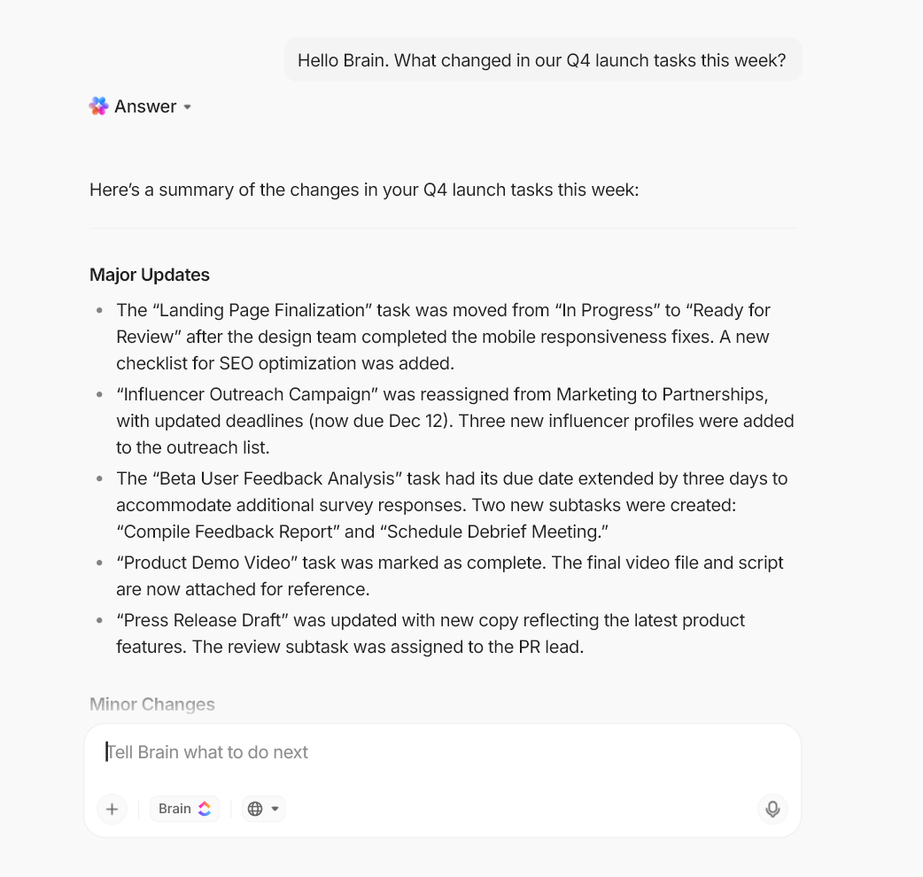 Get instant, context-relevant Workspace summaries and insights with ClickUp Brain