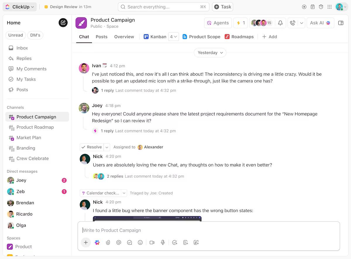 Get real time launch updates ClickUp Chat- Product Launch Playbook