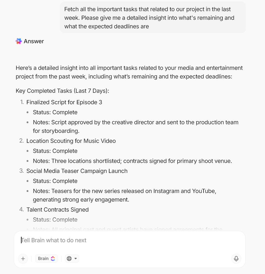 Get summaries and insights from your Workspace with ClickUp Brain