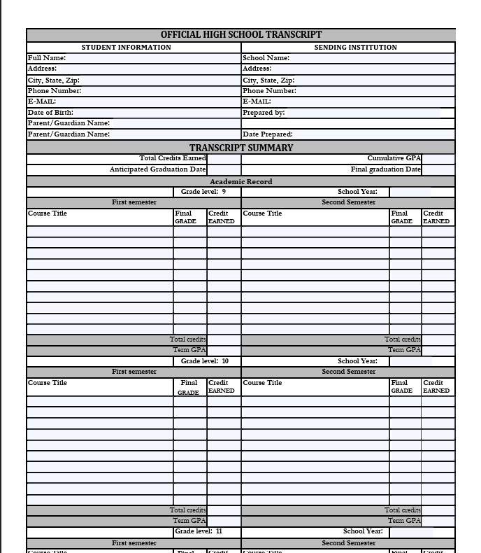 Homeschool Transcript Template by Lone Star- High School Transcript Template