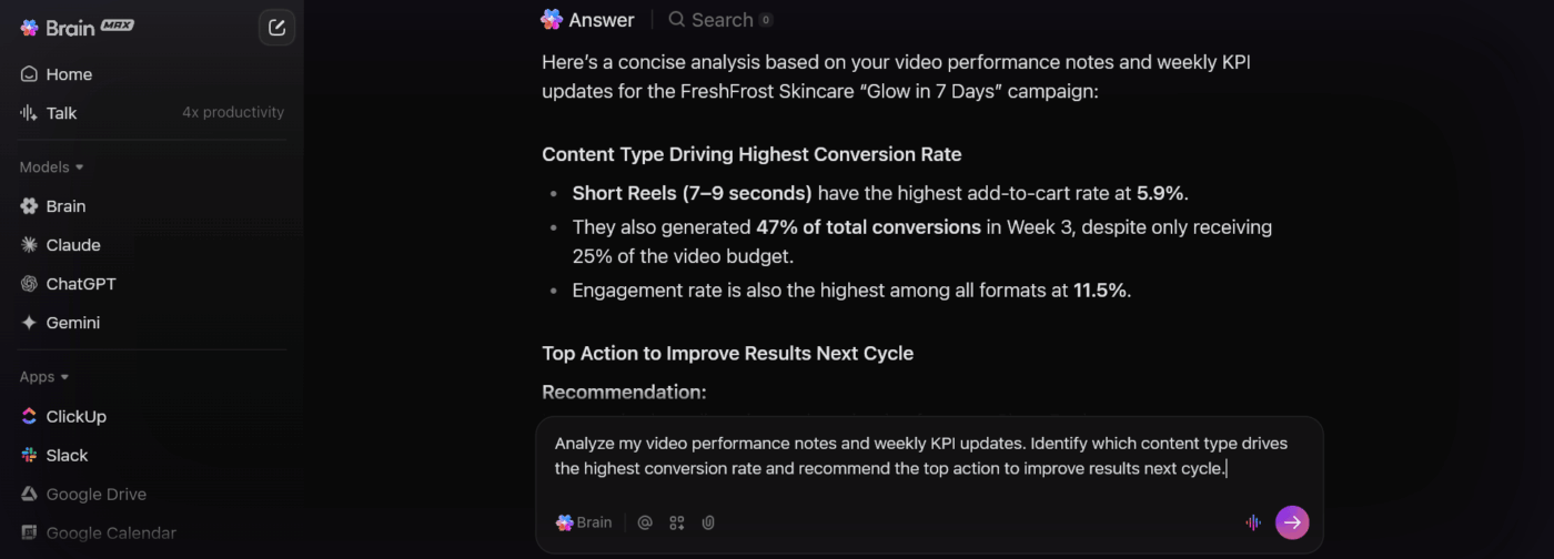 Integrate all your work for faster results with ClickUp BrainGPT- Excel Time Tracking