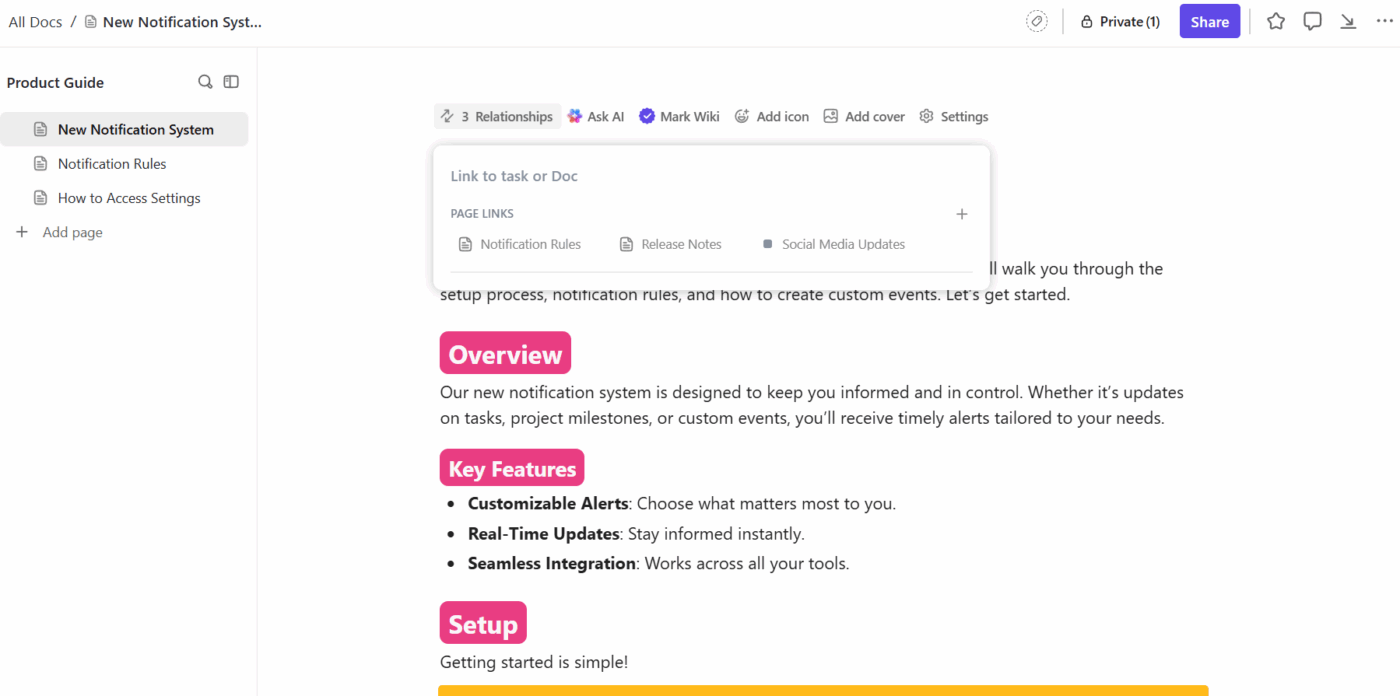 ClickUp Docs: Keep docs & tasks synced to support informed decisions and highlight if you need gap analysis