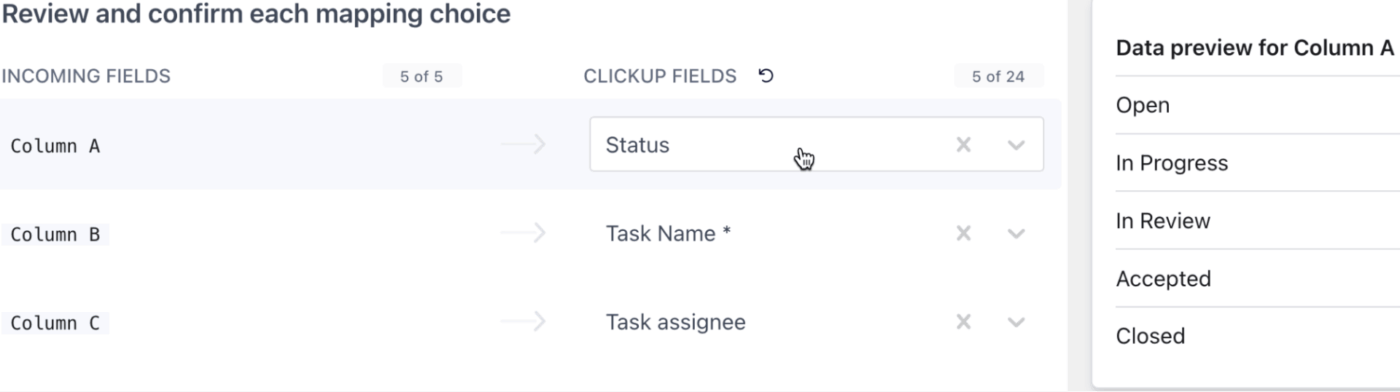 Map dropdown values like status assignees tags to align Airtable fields to ClickUp options