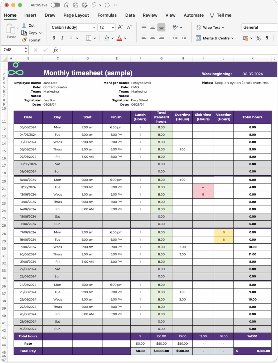 Monthly Timesheet Excel Template By Resource Guru