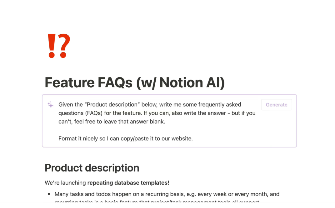 Notion Özellik SSS (Notion AI ile) Şablonu: : notion faq şablonu