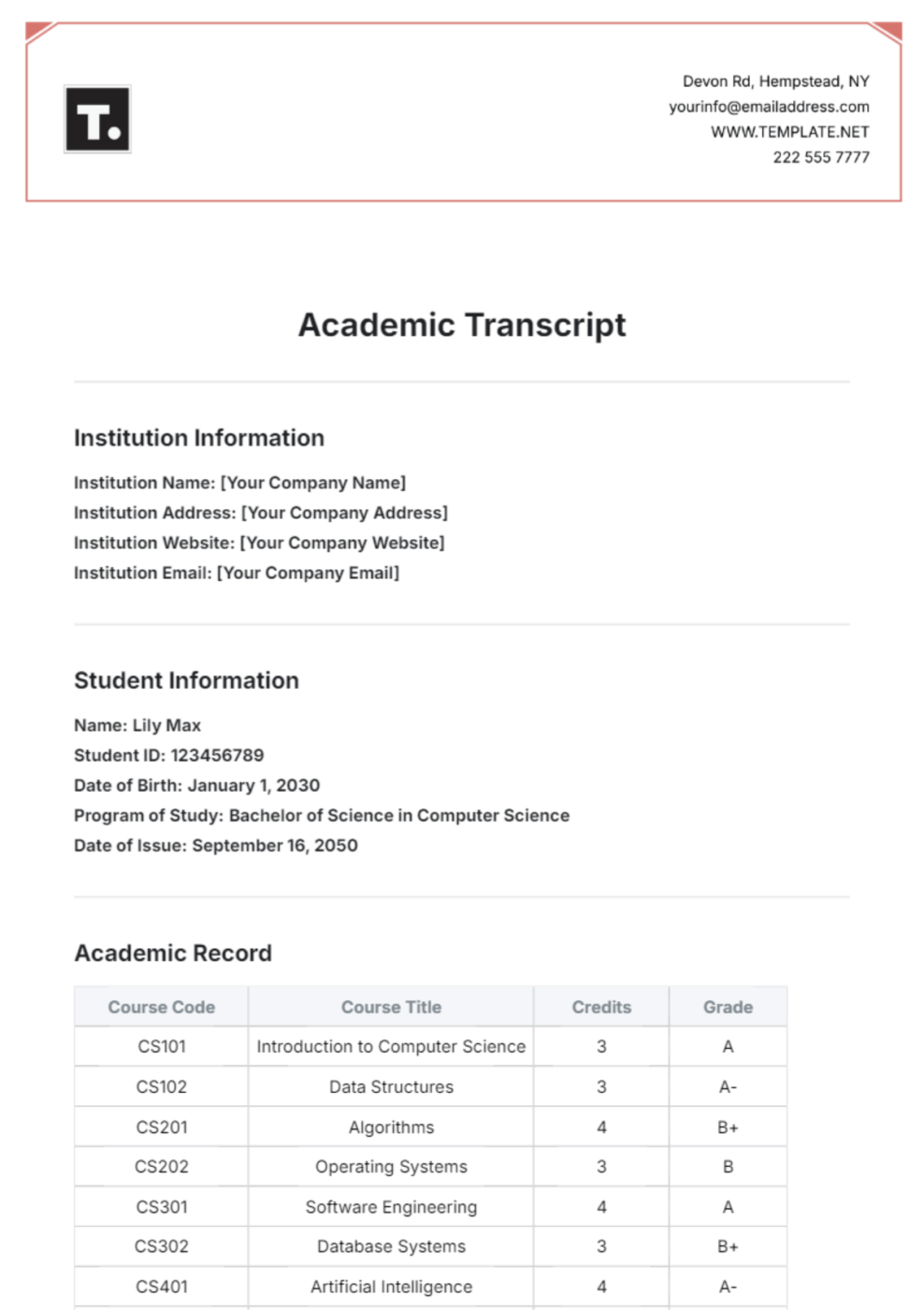 PDF Academic Transcript Template by Template.Net- High School Transcript Template