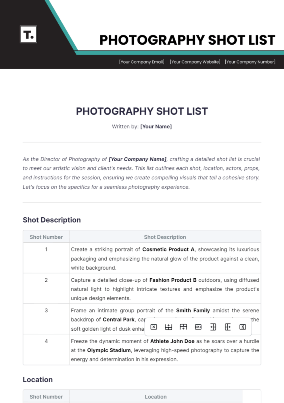 Photography Shot List Template by Template.net- Photography Shot List Template