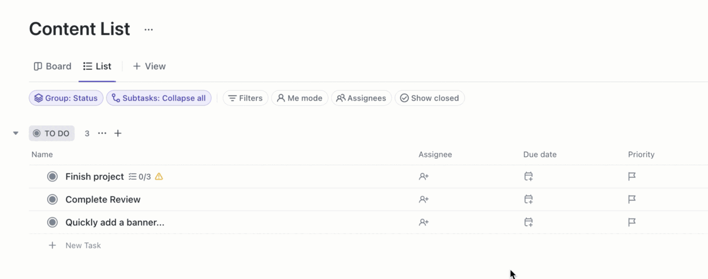 ClickUp List View: View tasks in a simple list layout to track work clearly and save time