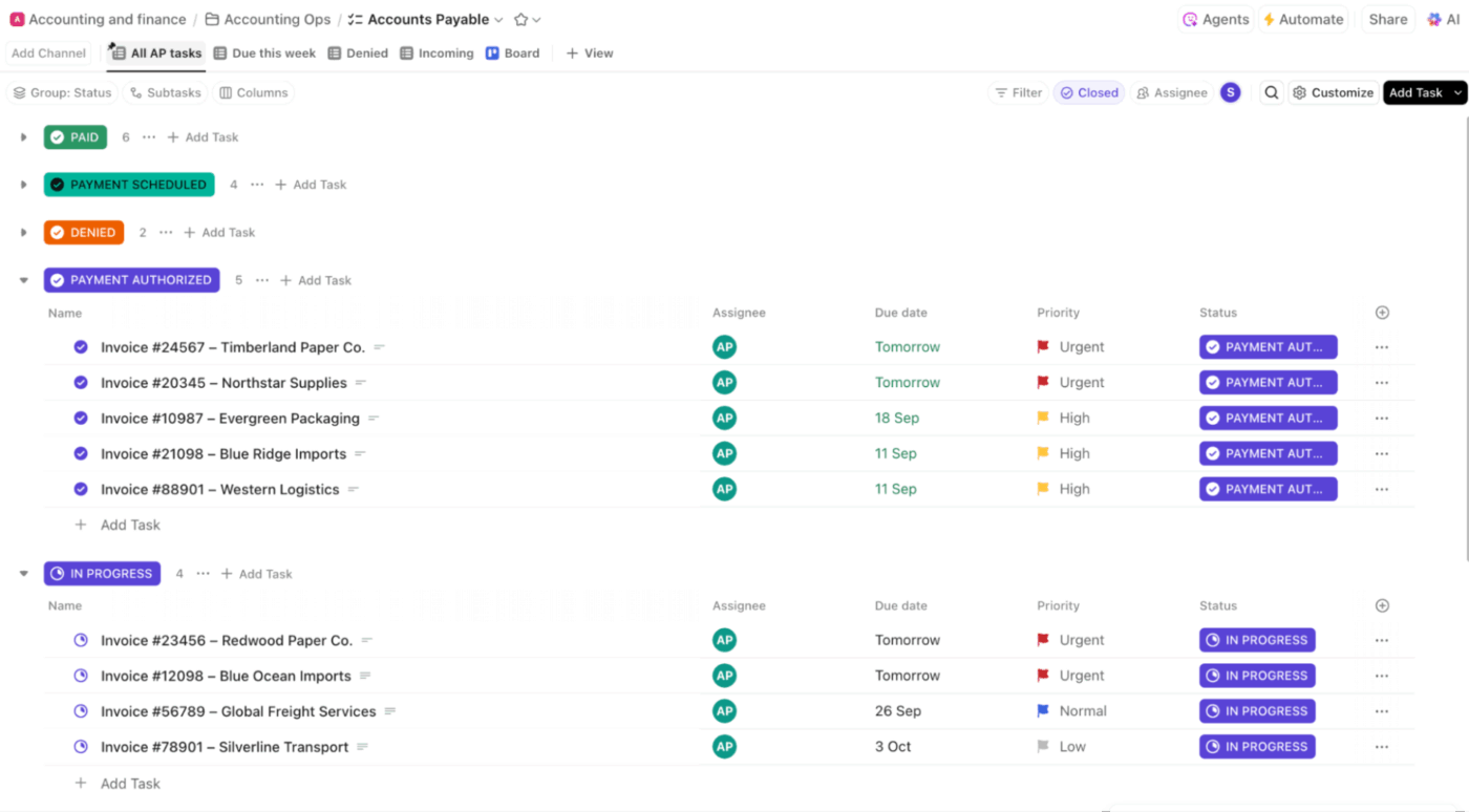 ClickUp List View: List layout displaying tasks and key terms for streamlined work