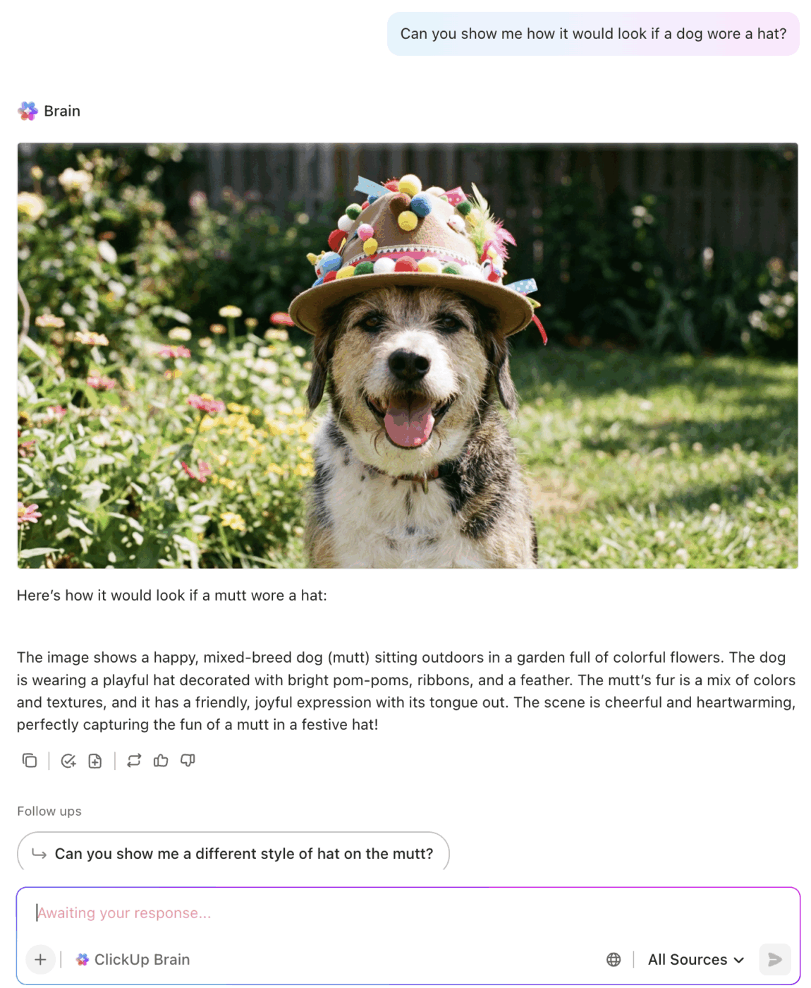 Example of generative prompting with ClickUp Brain, producing a creative and descriptive response to an open-ended question