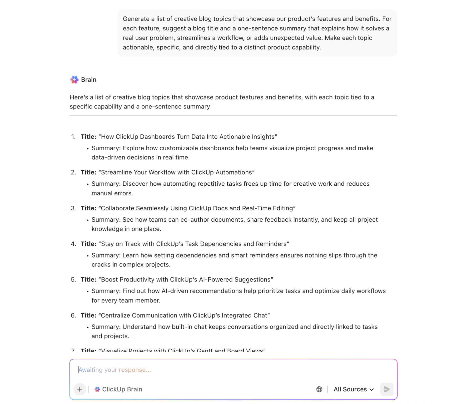 Generate blog topics with ClickUp Brain