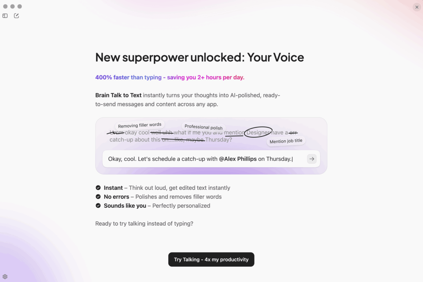 Stroomlijn documentatie met de Talk to Text-functie van ClickUp BrainGPT voor snellere, doorzoekbare aantekeningen.