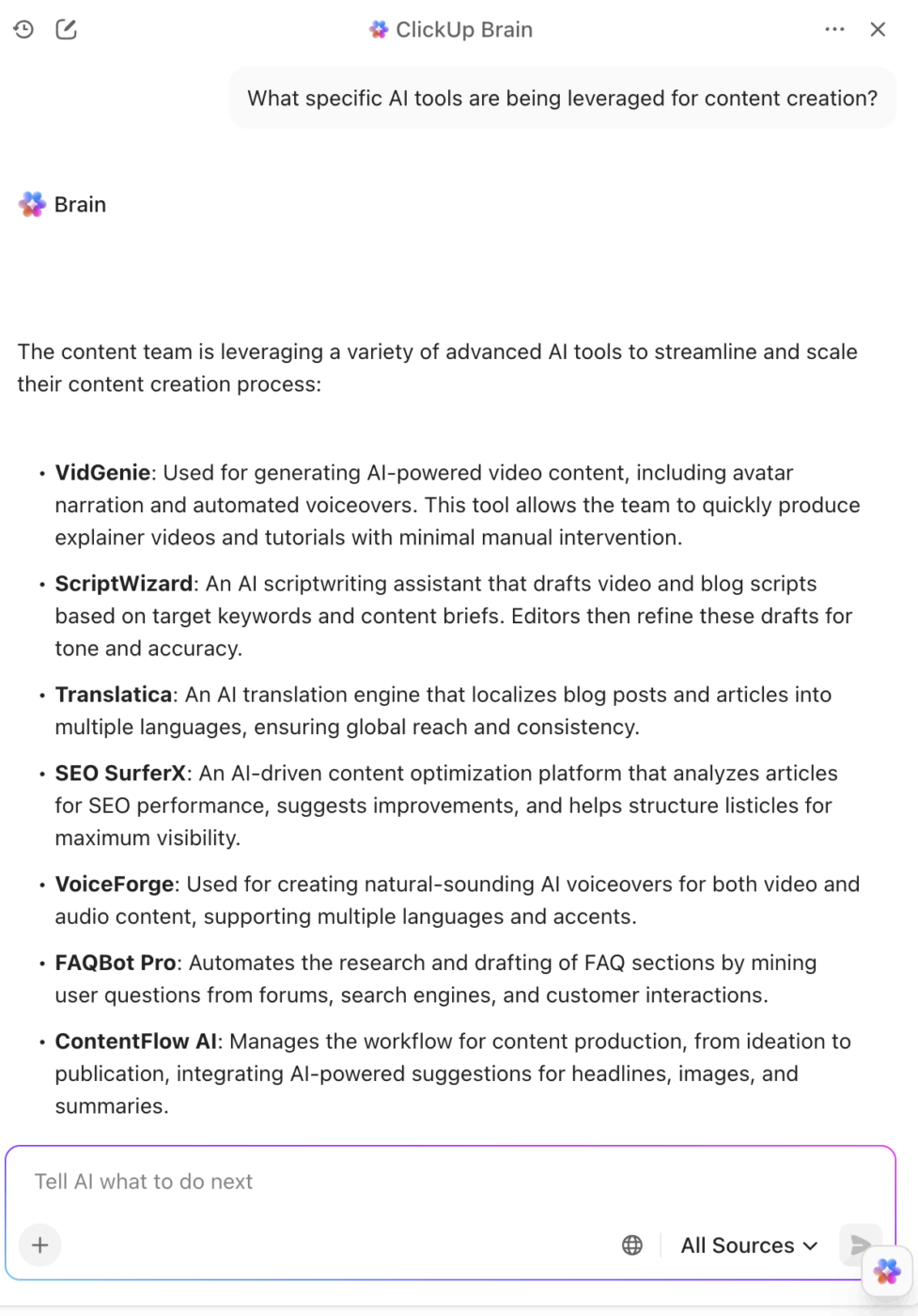 Asking ClickUp Brain questions on SaaS tool usage