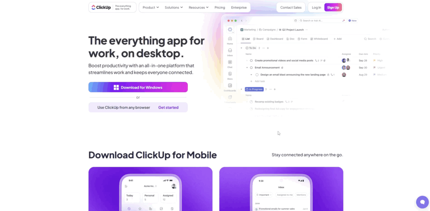 Visit the ClickUp website and click on the “Download for Windows” button to start the process
