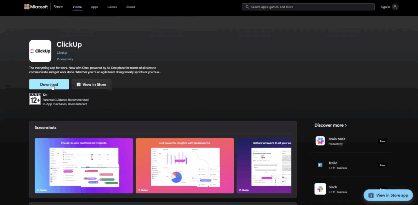 You’ll be redirected to the Microsoft Store. Click the “Download” button to get the ClickUp app