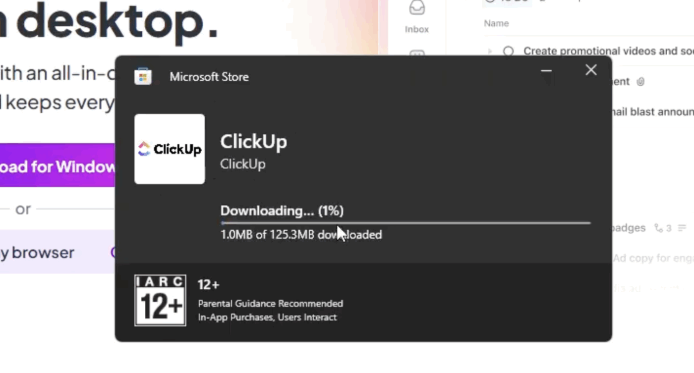 Wait for the download to complete. You’ll see the progress bar as ClickUp is being downloaded