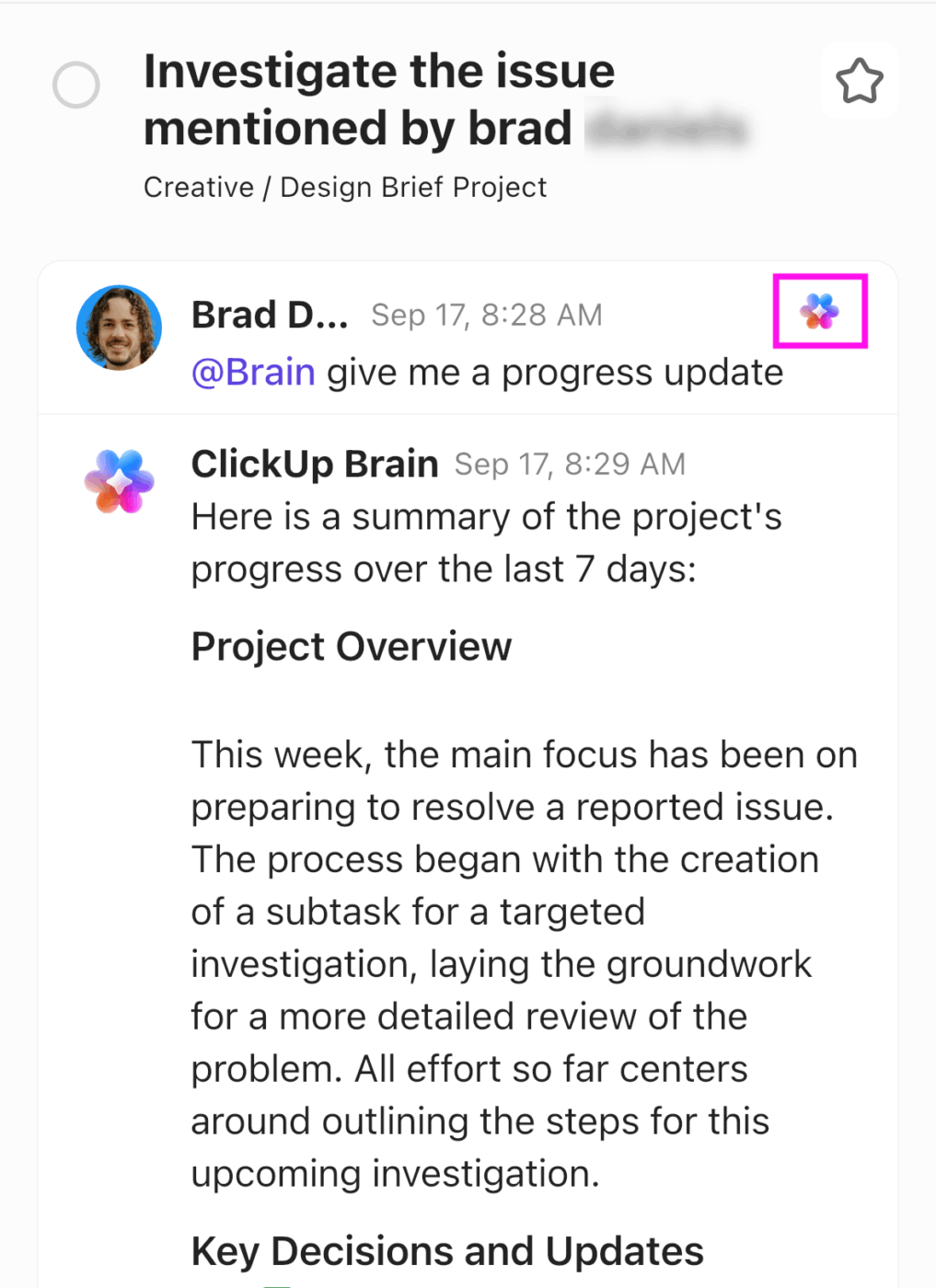 Summarize threads from the Inbox using ClickUp Brain: communication overload