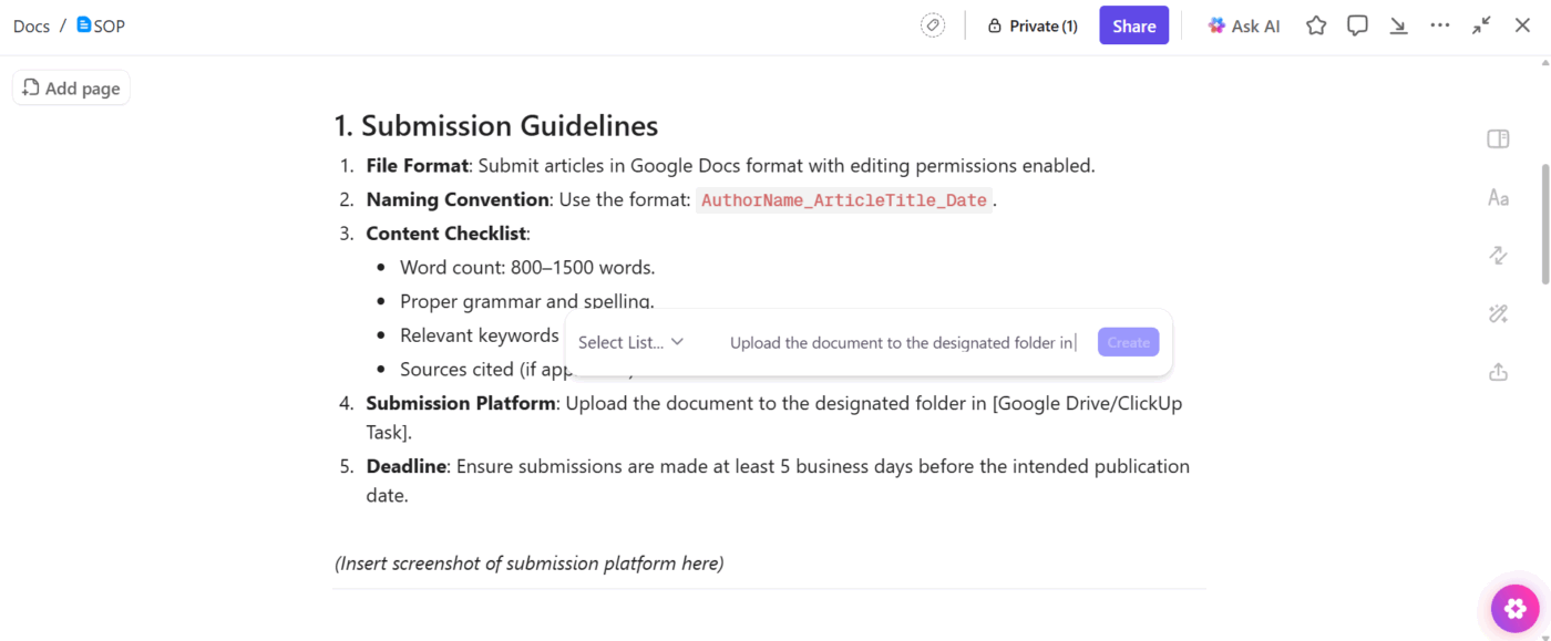 ClickUp Docs: link specific ClickUp Tasks to your documents to ensure context: How ClickUp uses AI docs to simplify SOP creation