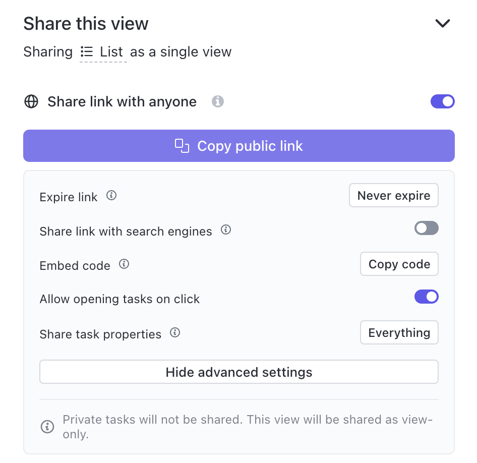 ClickUp Public Links: Shareable link generator providing external access