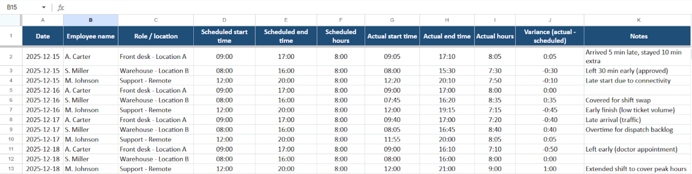 Shift scheduling and tracking- Excel Time Tracking