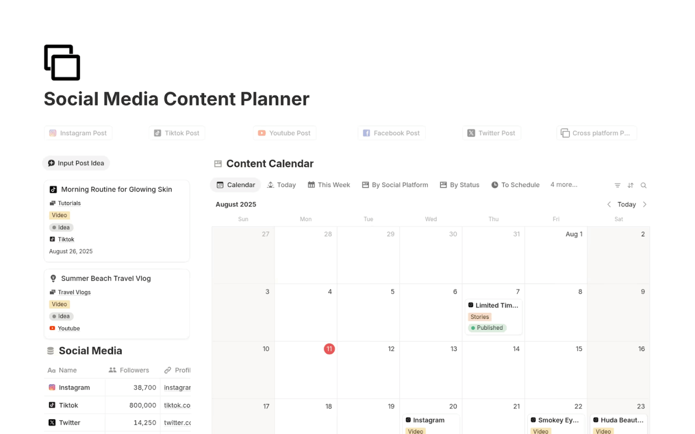 Social Media Content Planner Template by Notion- notion social media calendar templates