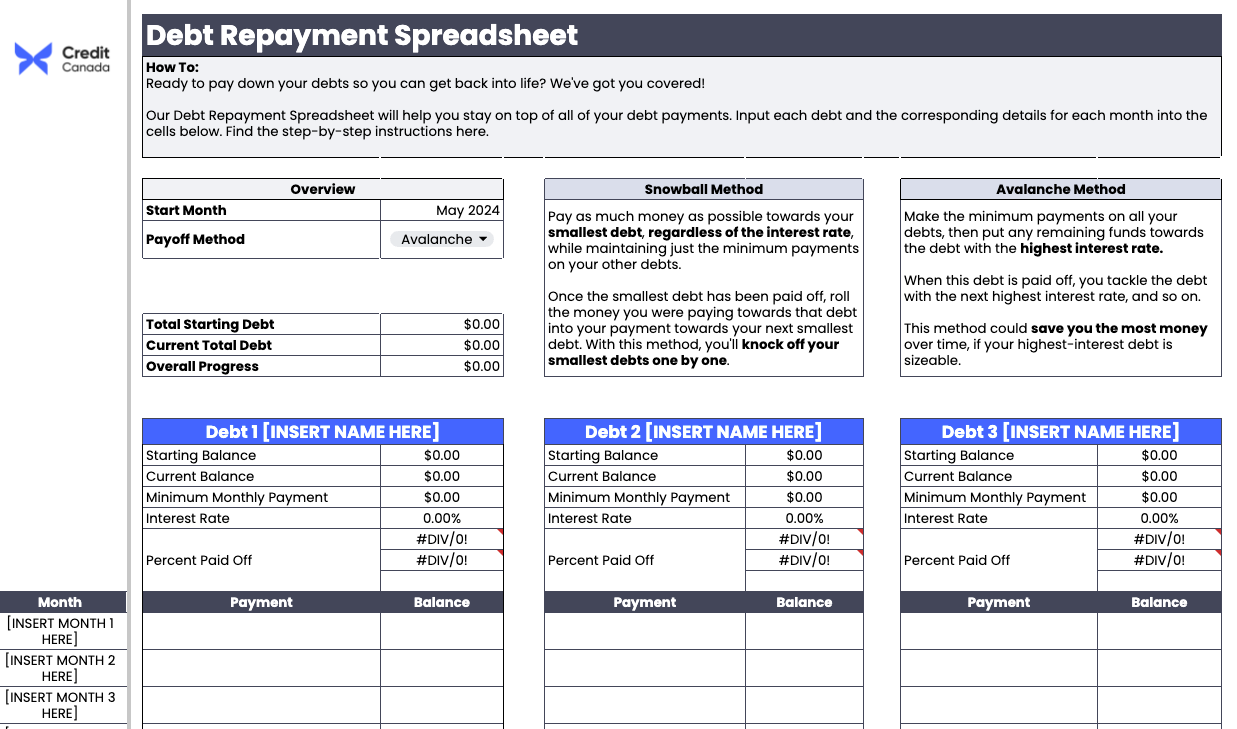 Spreadsheet Debt Repayment Template by Credit Canada- Debt Payoff Tracker Template