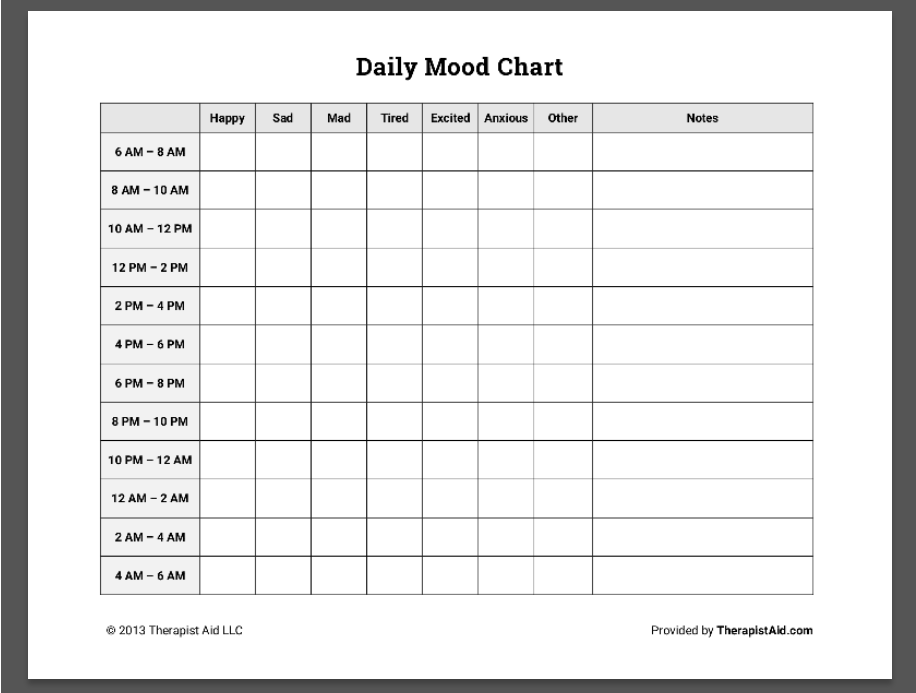 Spreadsheet Simple Daily Mood Chart by Therapist Aid- Mood Tracker Template