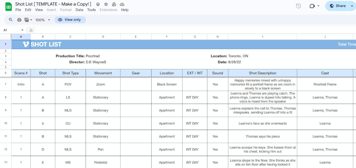 Spreadsheet and Word Shot List Template by Vimeo- Photography Shot List Template