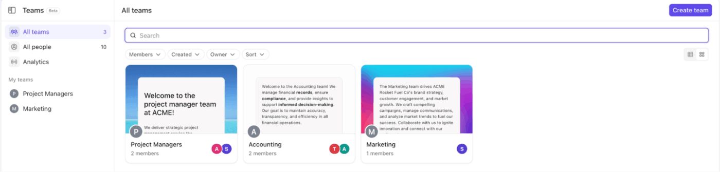 ClickUp Teams: Grouped members used to assign work and collaborate efficiently