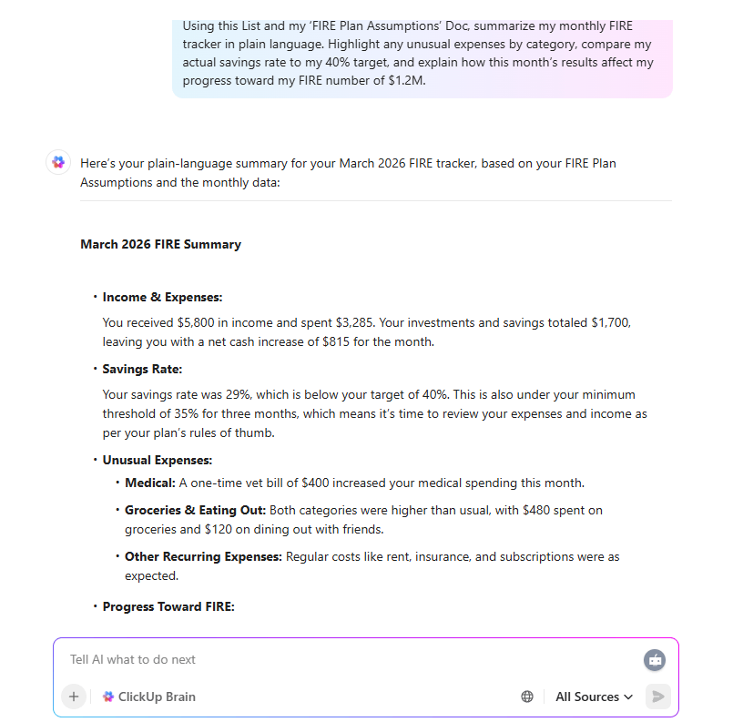 Summarize your monthly FIRE tracker with ClickUp Brain