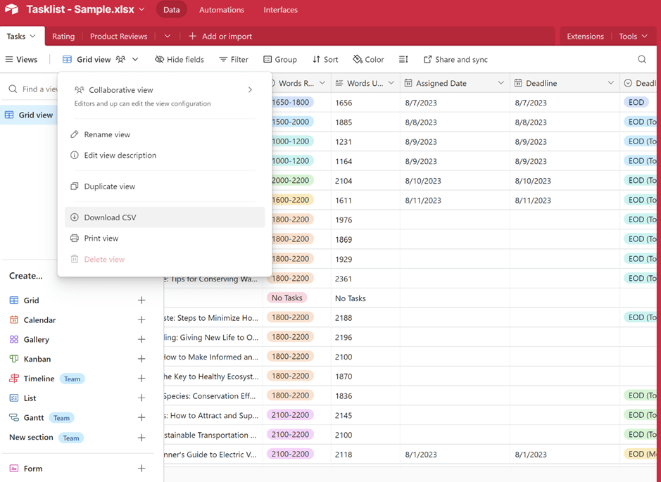 Switch to Grid view in Airtable before exporting your file: Ensure clean organized tables for smoother import