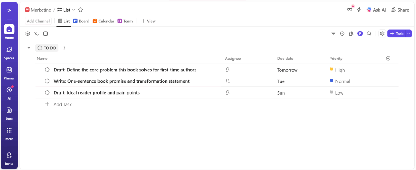 ClickUp Tasks: Break chapters into actionable writing tasks unlike static planning in Notion AI