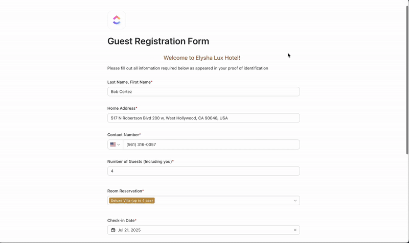 ClickUp Form View: Interactive form setup used to collect inputs while saving time