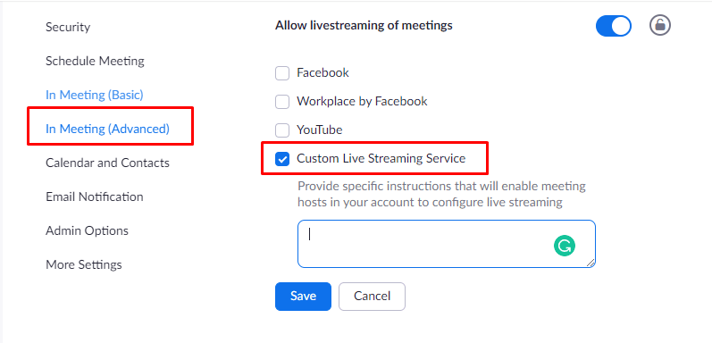 Under Meeting enable custom live stareming service- How to Use Otter AI with Zoom