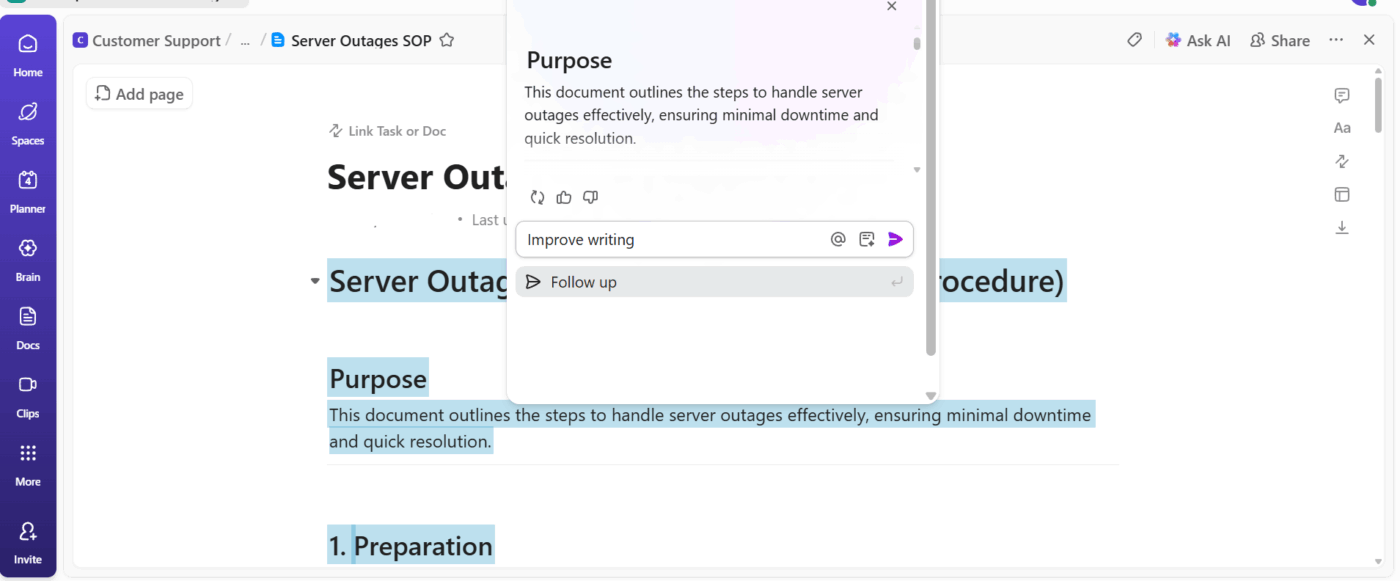 ClickUp Docs: USe ClickUp Brain to edit your content the way you want