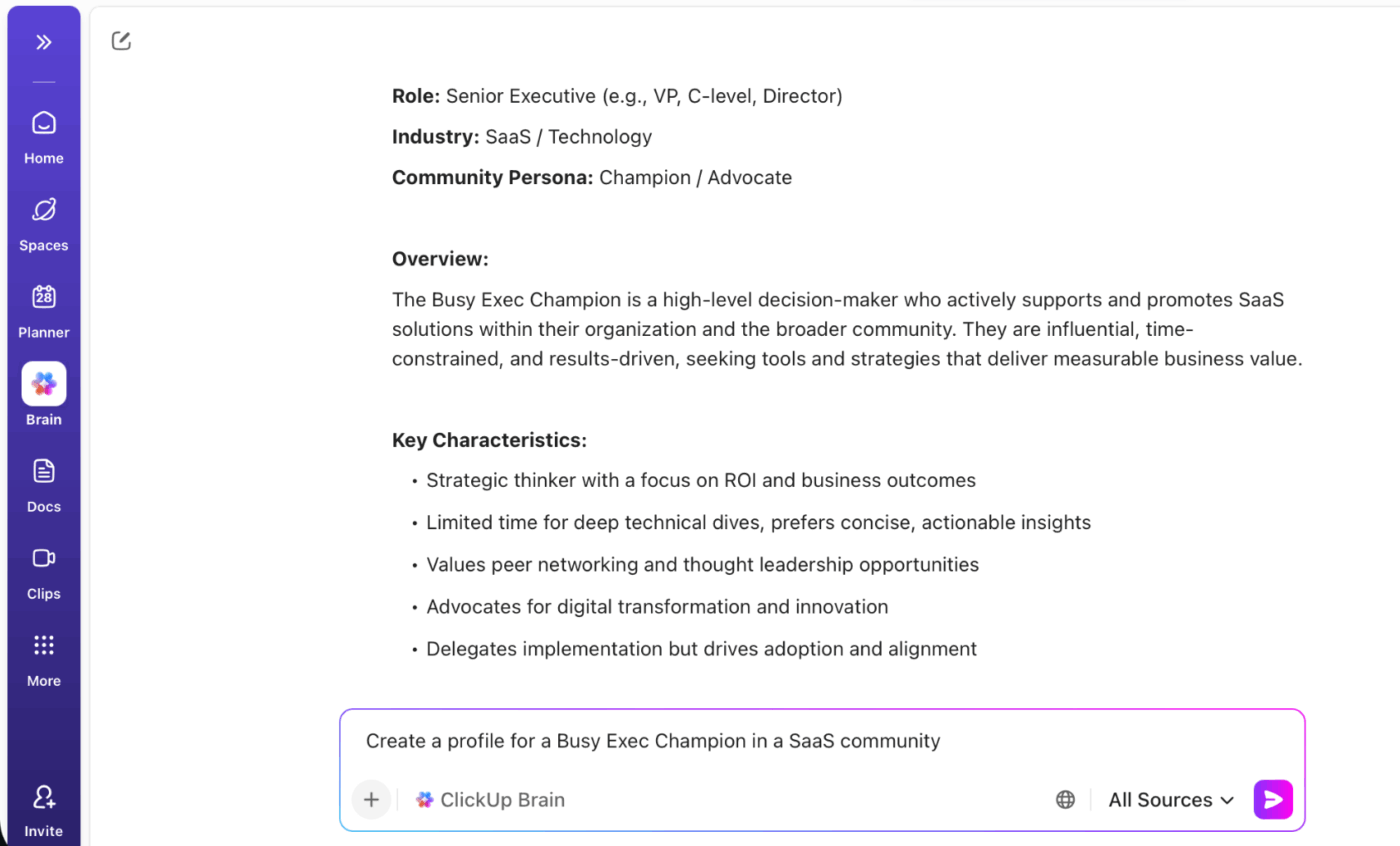 ClickUp Brain: AI helps teams develop detailed personas for community planning