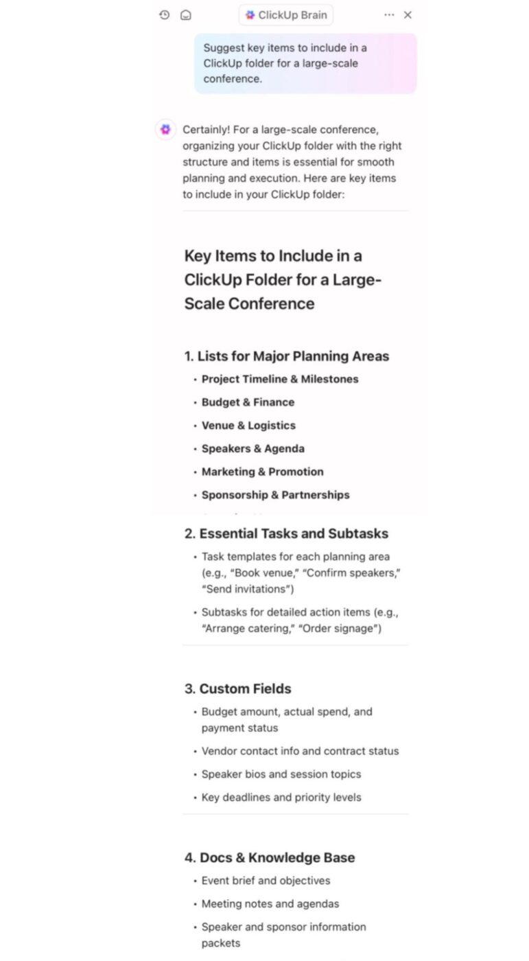 Ask ClickUp Brain to generate event-related tasks