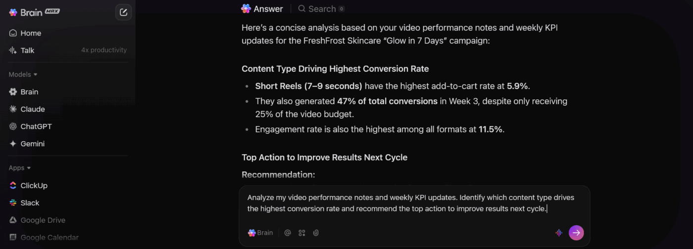AI powered insights get actionable analysis and recommendations for your marketing campaigns with ClickUp Brain