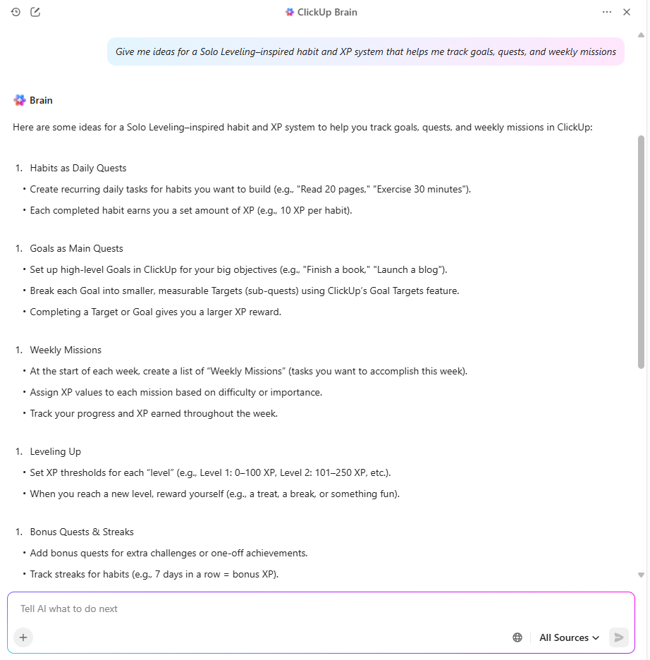 Use ClickUp Brain to design a Solo Leveling-inspired habit tracking system