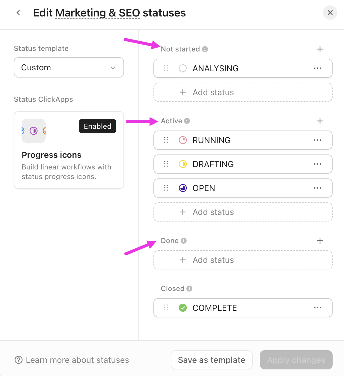 ClickUp Custom Statuses: Move Tasks through different stages