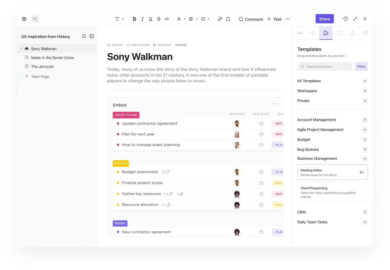 Use ClickUp Docs, ClickUp Tasks, and Email ClickApp to centralize communication