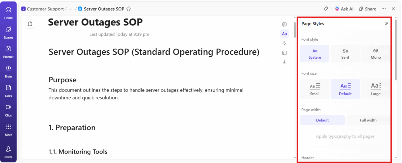 Use rich formatting features within ClickUp Docs for SOPs