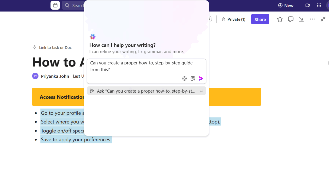 Use ClickUp’s connected Workspace with its AI-powered features to get your work done easily